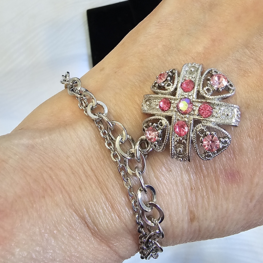 Charm bracelet toggle double chain  Silver plated with Pink Australian Crystals